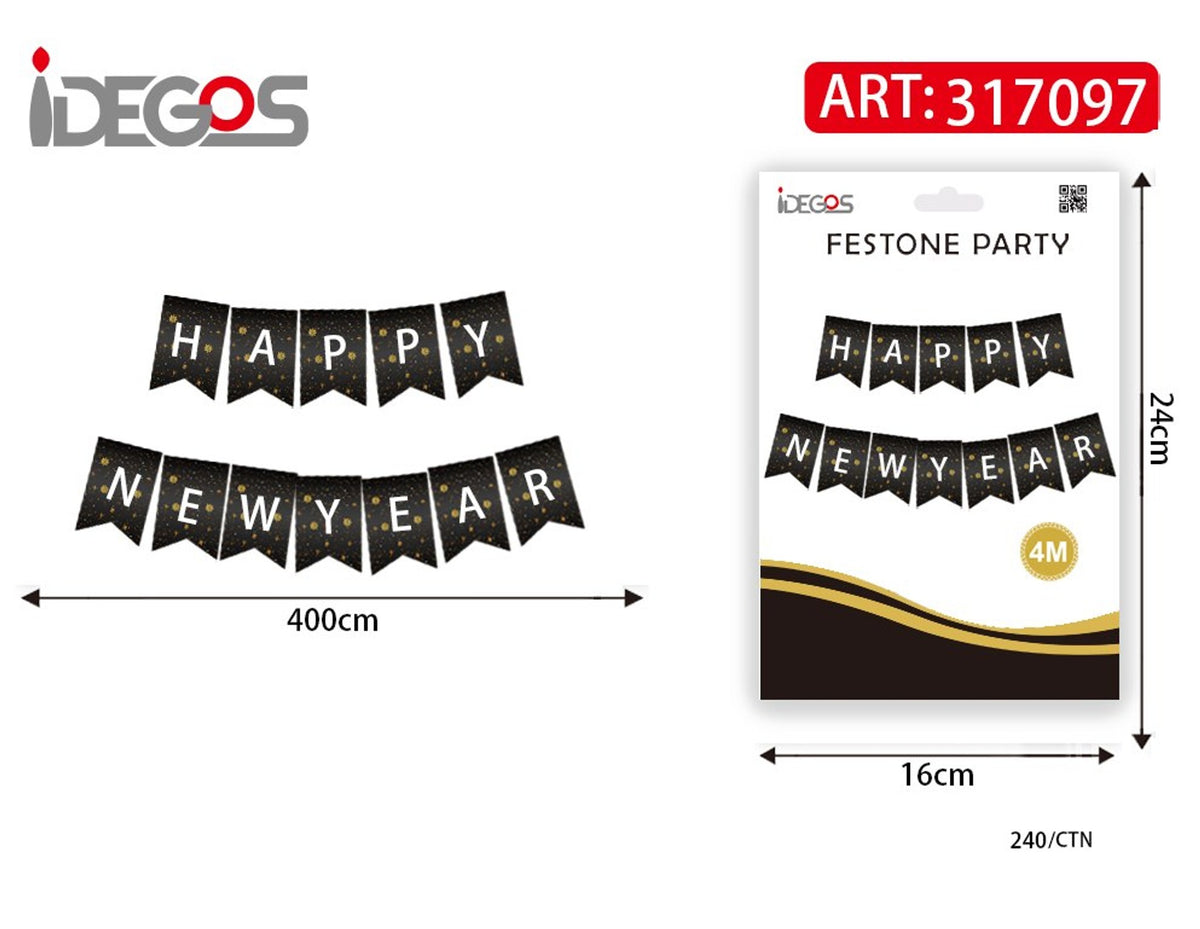 Festone Happy New Year a bandierine nere, 4 m