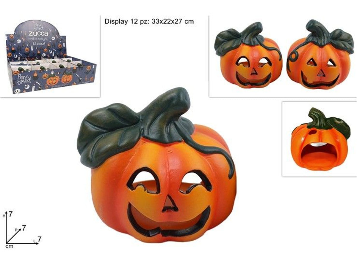 Portatealight in ceramica a forma di zucca Halloween 7 cm