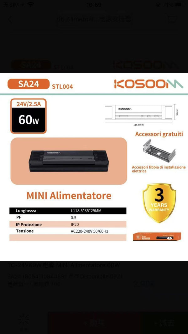 Alimentatore LED KOSOOM 60 W 24 V IP20