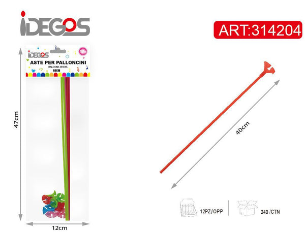 Aste con supporto per palloncini multicolore, 40 cm, 12 pezzi