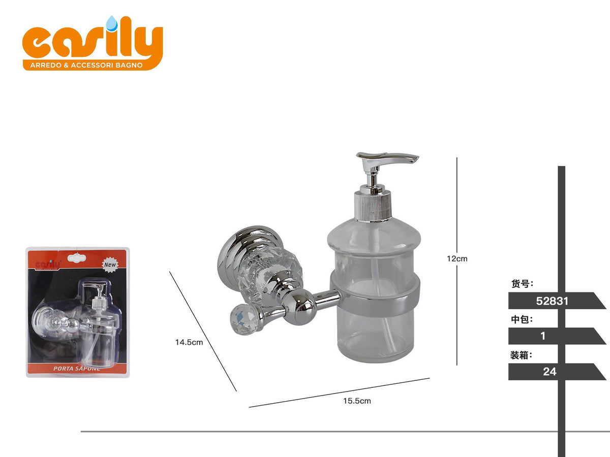 Dispenser sapone a parete con flacone trasparente e supporto sfaccettato