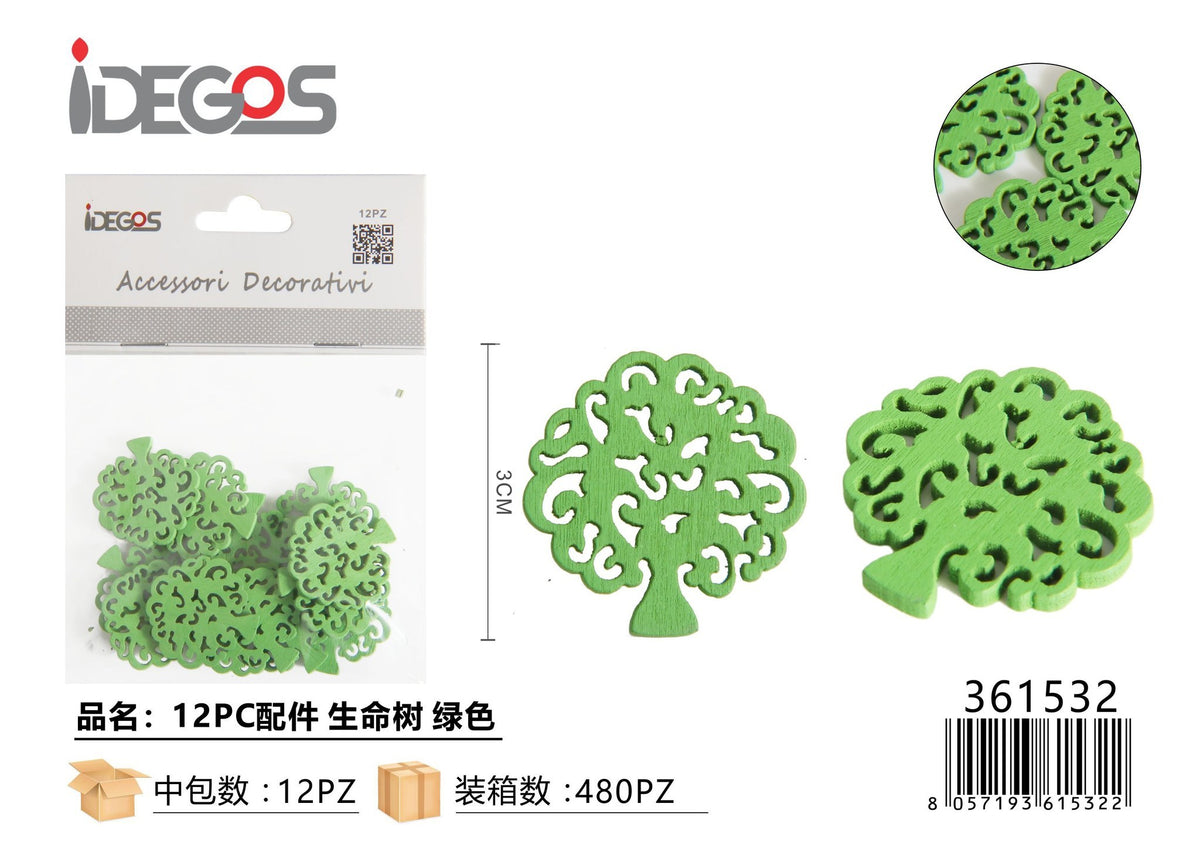 Set di 12 decorazioni Albero della vita in legno, verde