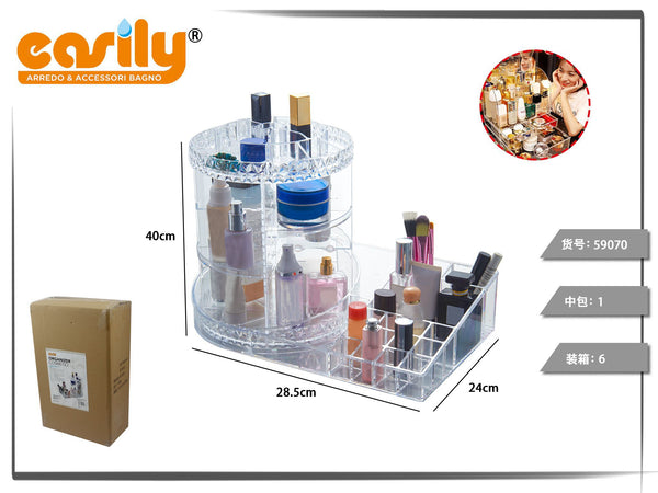 Organizer cosmetici con struttura cilindrica e base a scomparti