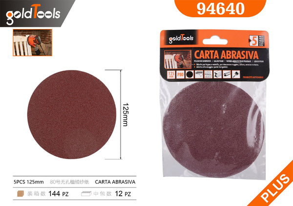 Carta abrasiva senza fori, grana 80, formato 125, 5 pezzi