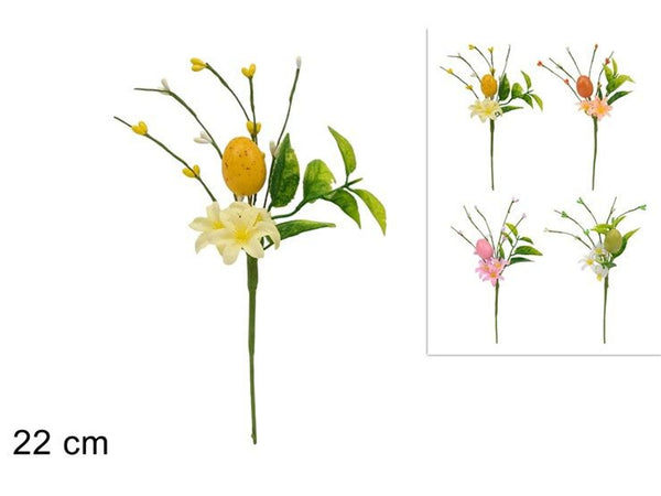 Decorazione pasquale su stelo con uovo e fiori 22 cm