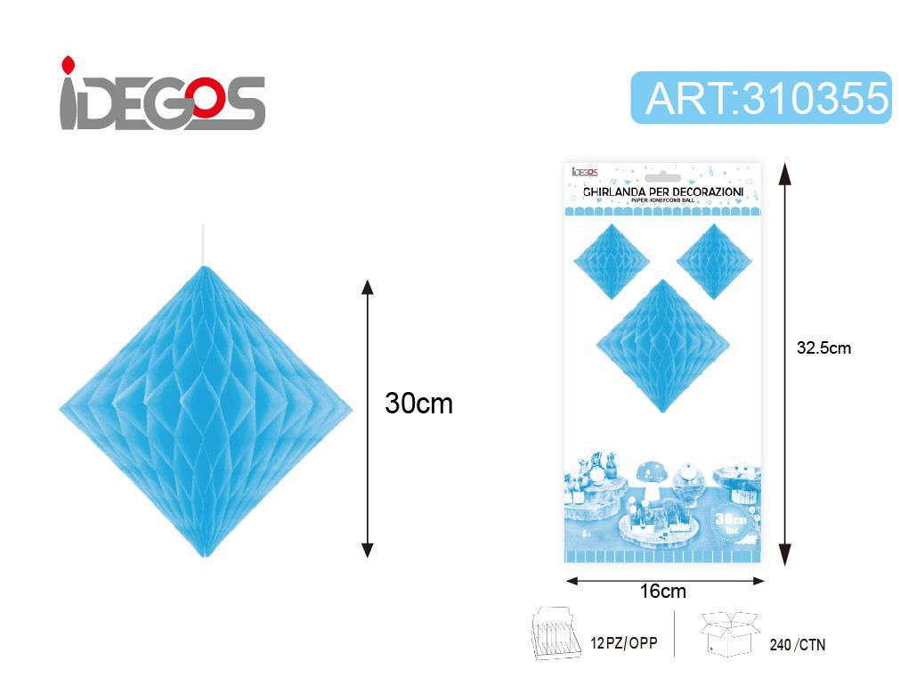 Decorazione in carta a nido d’ape rombo azzurro 30 cm