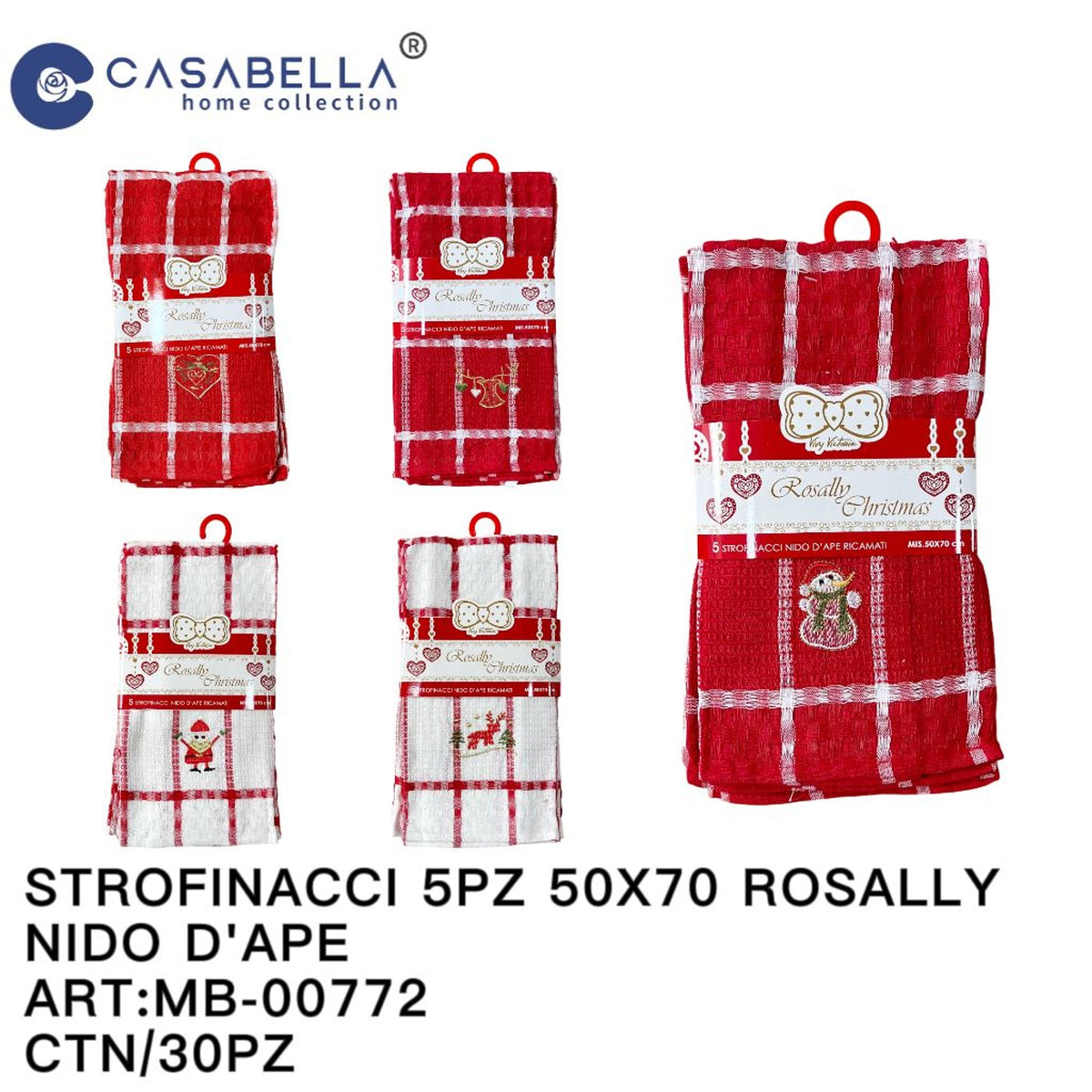 Strofinacci Natalizia 5PZ 50X70 Nido D'ape Rosally