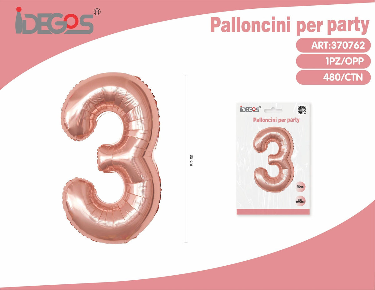 Palloncino Numero 3 Oro Rosa 35cm