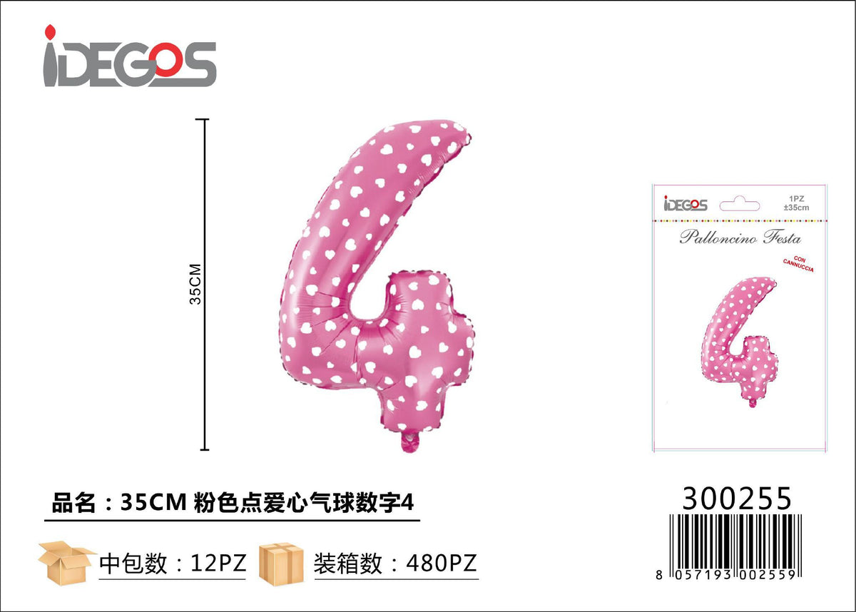 Palloncino Numero 4 Puntini Cuore Rosa 35cm