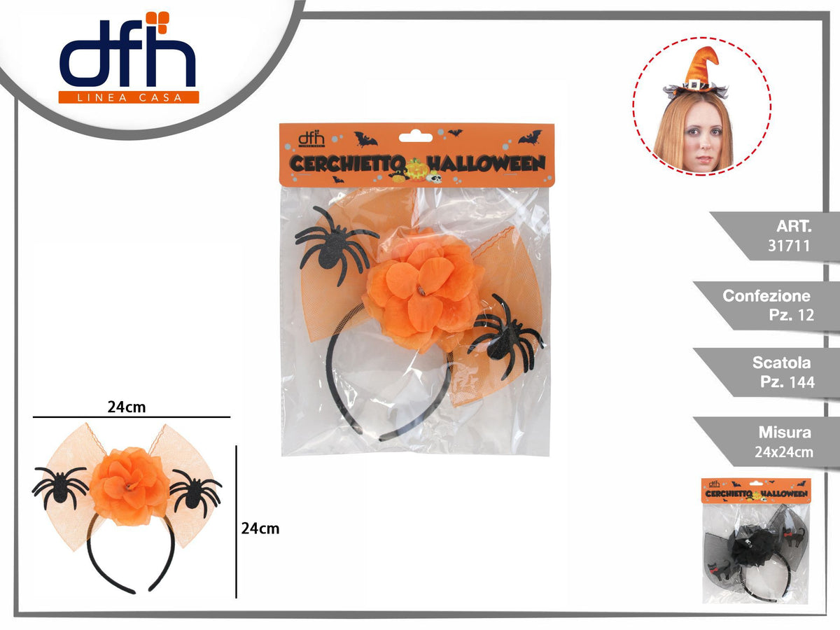 Cerchietto Halloween con fiocco, fiore e ragni o gatti