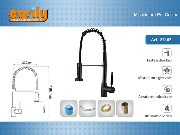 Miscelatore cucina a molla con doccetta cilindrica, 480 mm