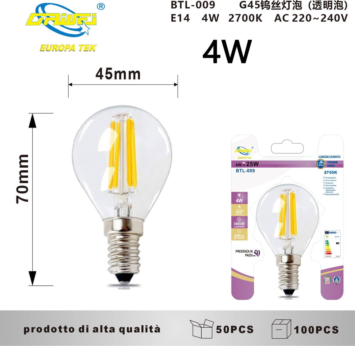 Lampadina decorativa a filamento — BTL-009, 4 W, E14