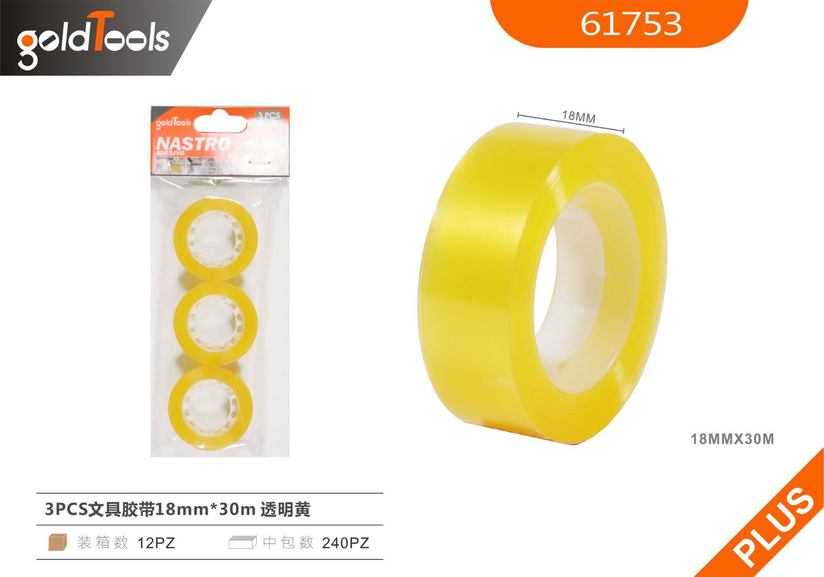 Nastro adesivo per cancelleria, confezione da 3 rotoli, giallo trasparente, 18mm x 30m
