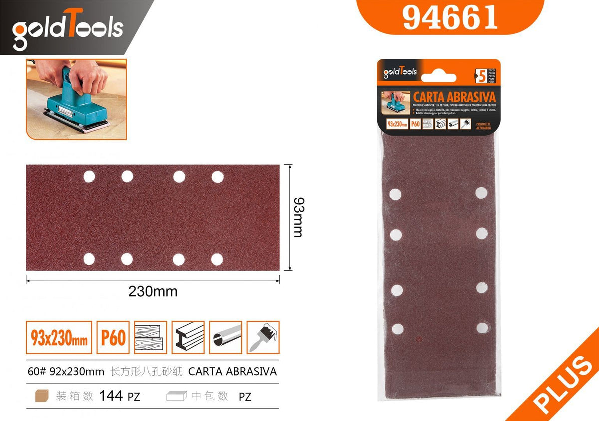 Carta abrasiva rettangolare a 8 fori, grana 60