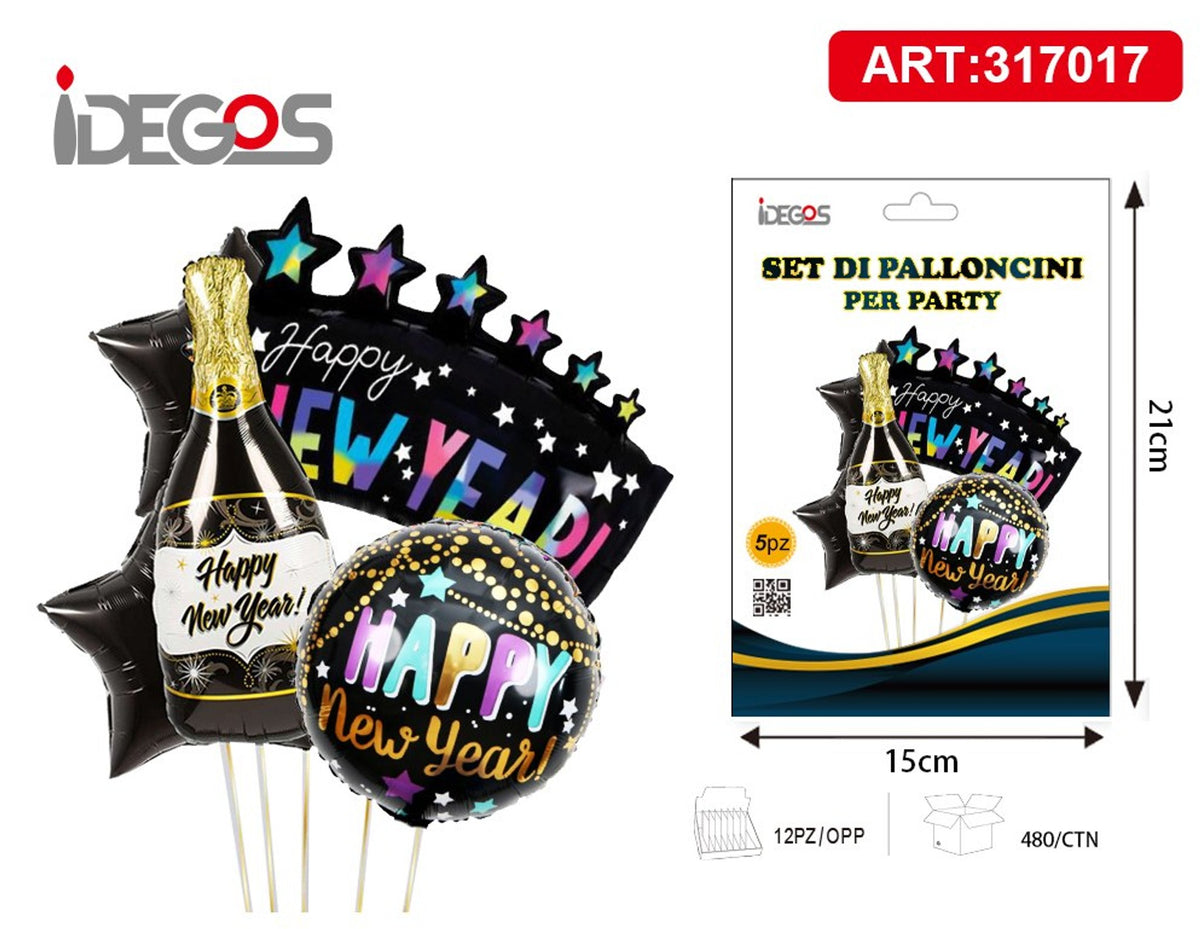 Set palloncini Happy New Year con scritte multicolori, 5 pezzi
