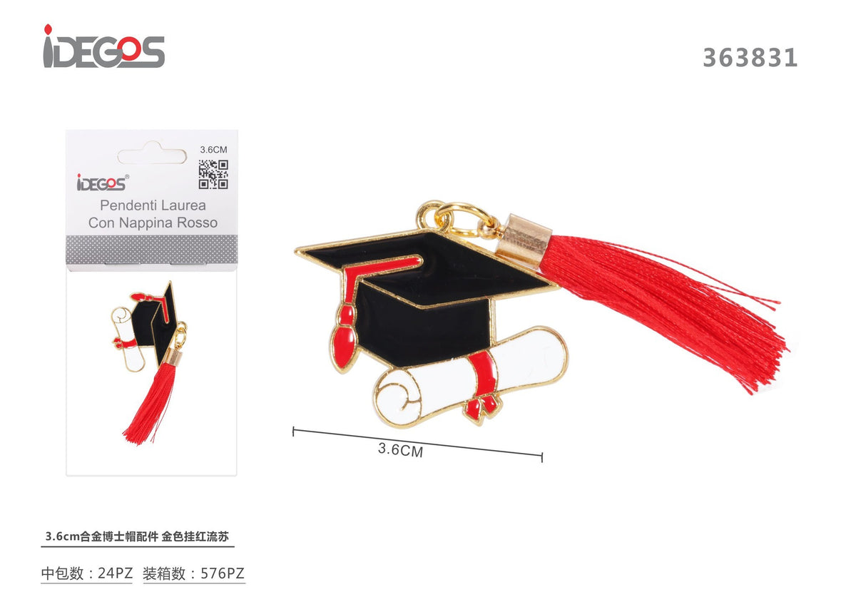 Ciondolo Cappello di laurea con nappina rossa, oro, 3,6 cm