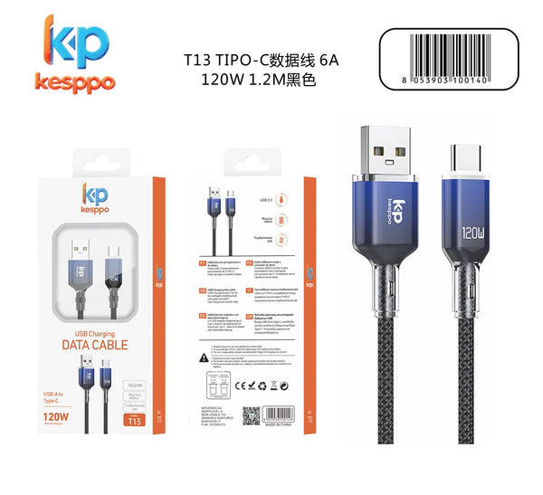 Cavo T13 USB-A / USB-C intrecciato, 1,2 m, 120 W e 6 A