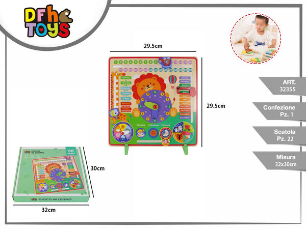 Calendario e orologio didattico in legno con leone