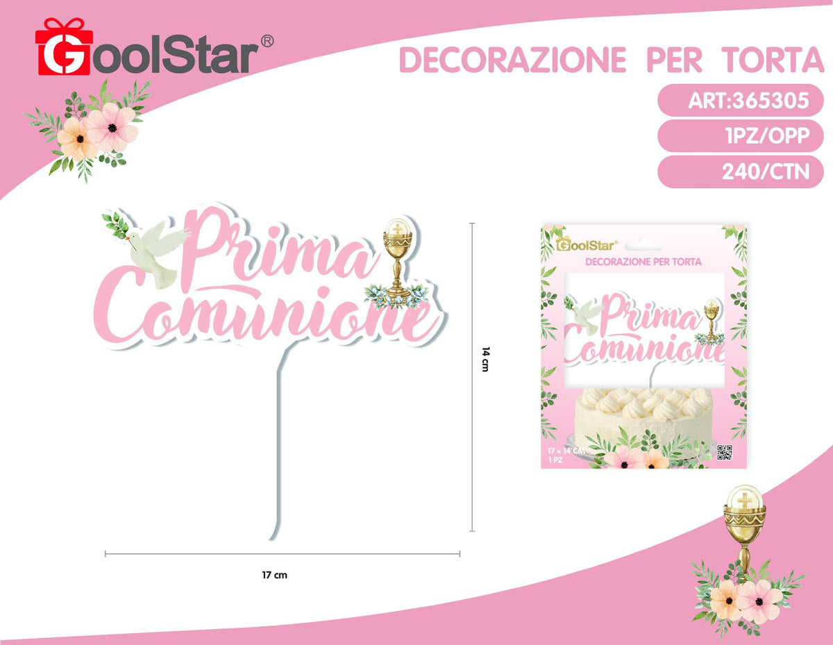 Decorazione in acrilico per torta prima comunione rosa