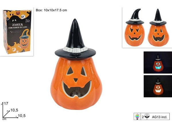 Zucca luminosa in ceramica con cappello da strega 17 cm