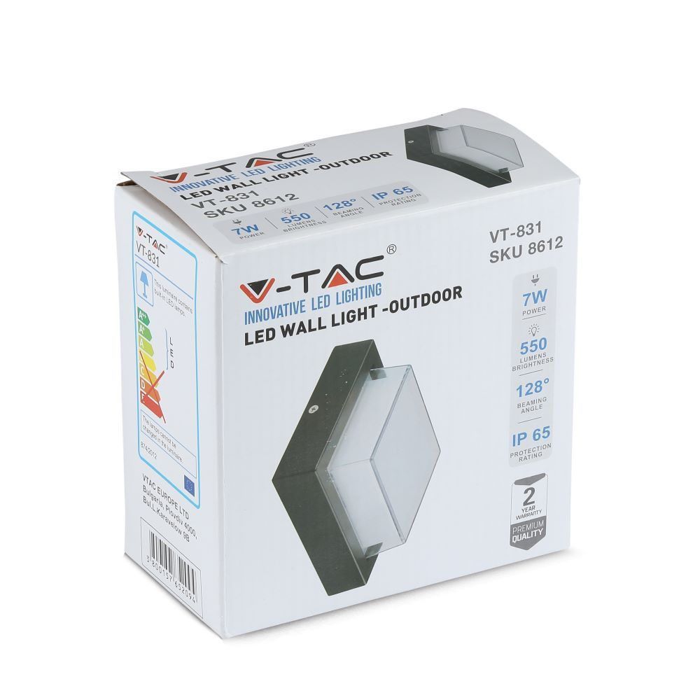 Applique LED V-TAC quadrata 7 W 3000 K nera IP65