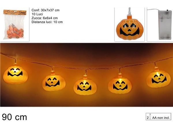 Filo luminoso Halloween con 10 zucche, 90 cm