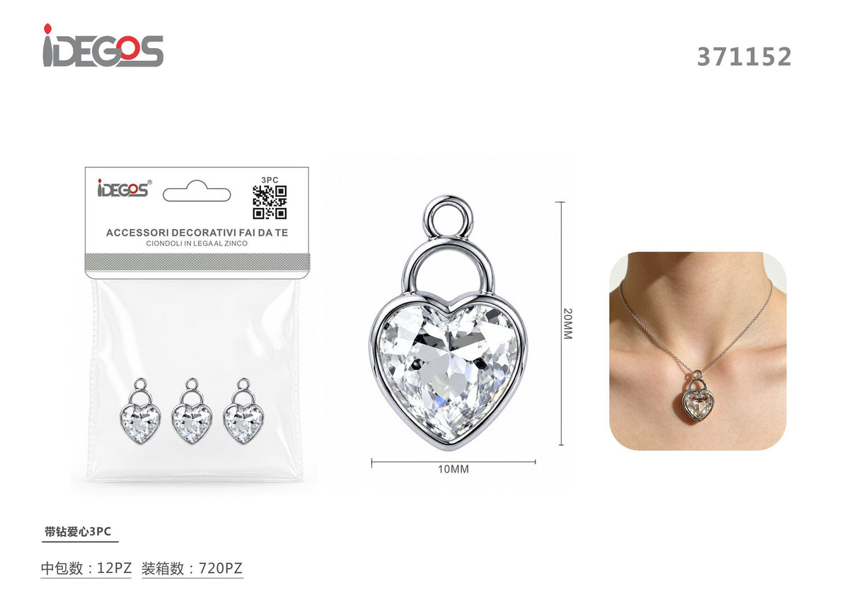 Set di 3 ciondoli Cuore con strass