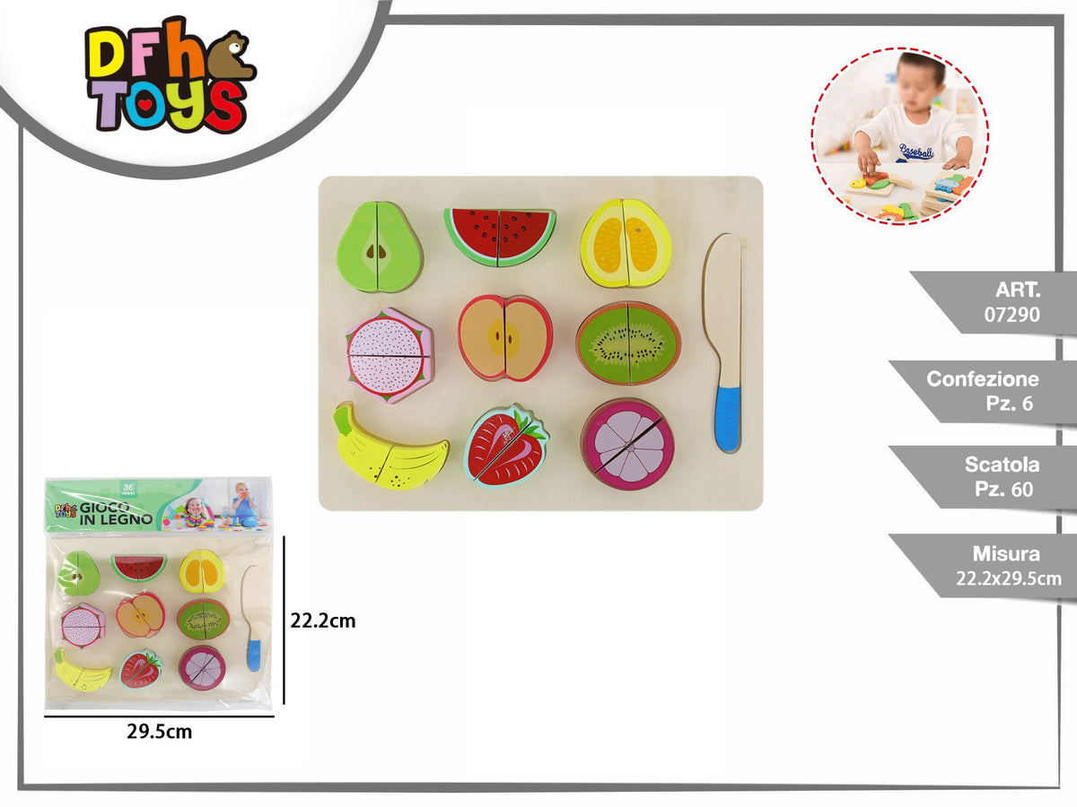 Puzzle in legno con frutta da dividere e coltello giocattolo