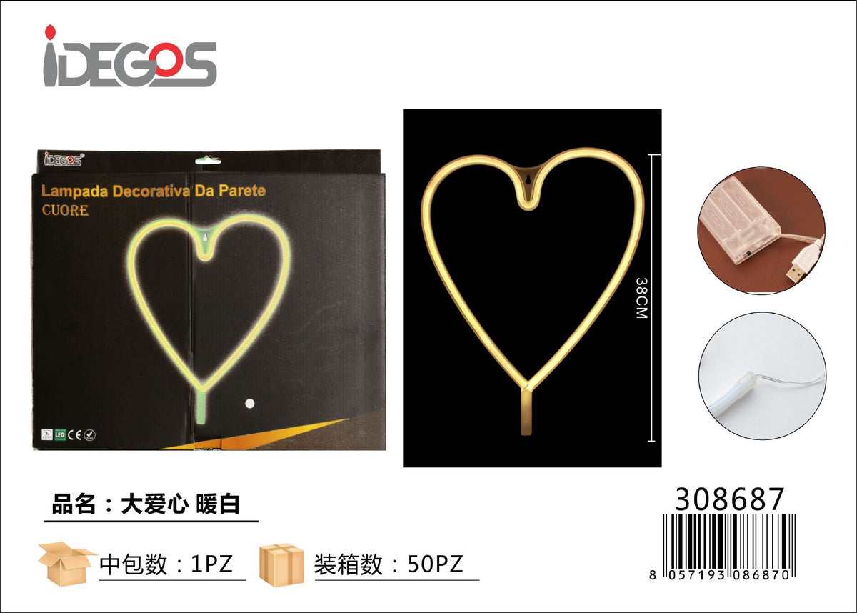 Decorazione luminosa a cuore grande, luce bianca calda