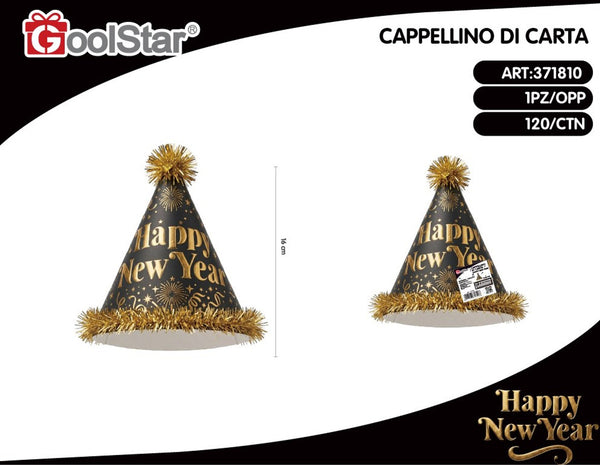 Cappellini conici Happy New Year neri e dorati