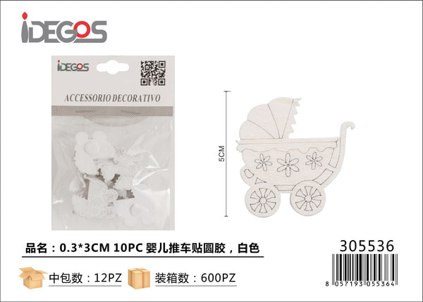 Set di 10 passeggini adesivi in legno, bianco, 3 cm