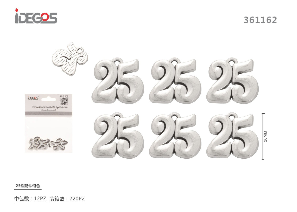 Decorazione Numero 25 in metallo, argento