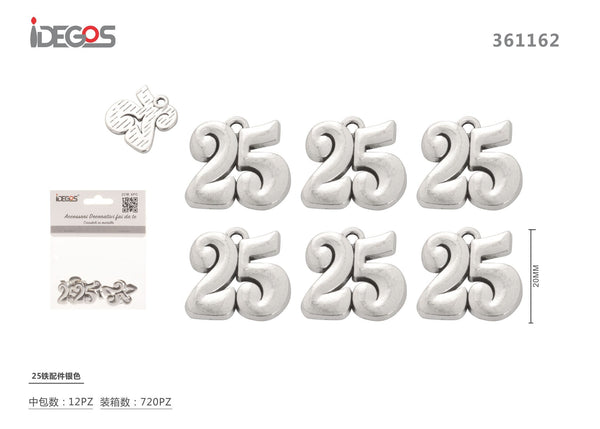 Decorazione Numero 25 in metallo, argento