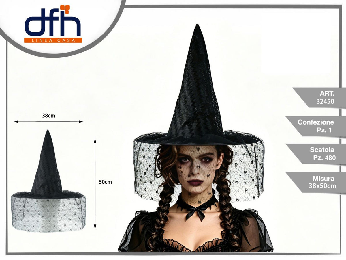 Cappello da strega nero con velo, 38 × 50 cm
