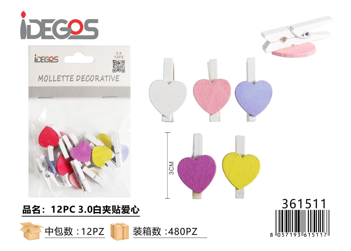Mollette bianche con cuori colorati, 3 cm, 12 pezzi