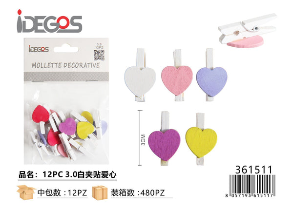 Mollette bianche con cuori colorati, 3 cm, 12 pezzi