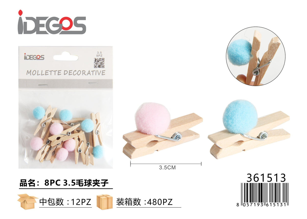 Set di 8 mollettine decorative con pompon colorati