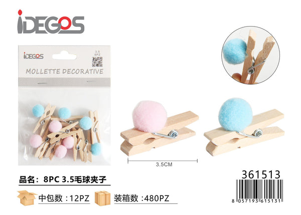 Set di 8 mollettine decorative con pompon colorati