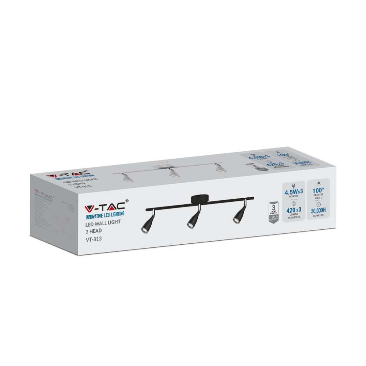 Applique LED V-TAC a tre faretti 13,5 W 4000 K nera