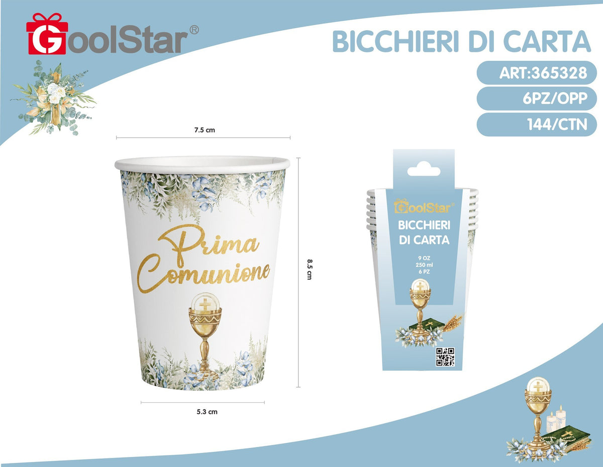 Bicchiere di carta prima comunione celeste