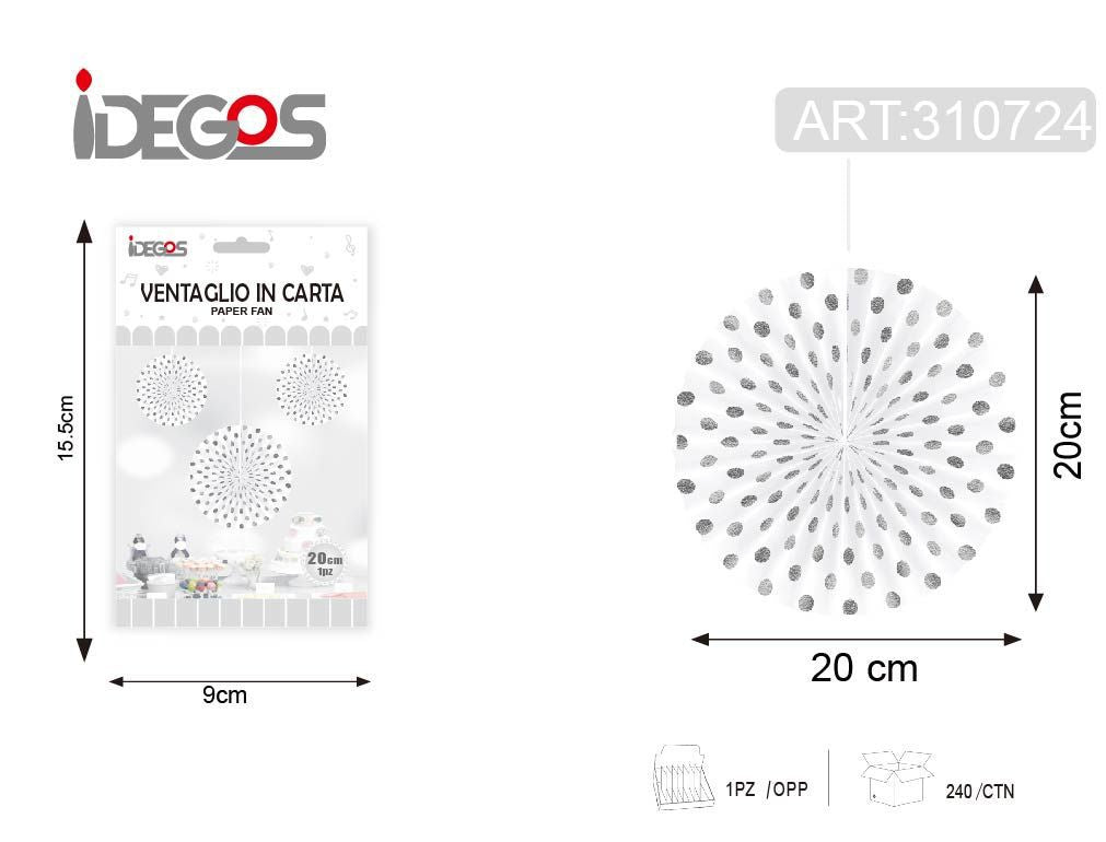 Decorazione a ventaglio, argento a pois, 20 cm
