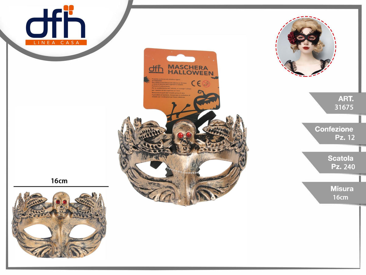Mezza maschera Halloween a teschio dorato