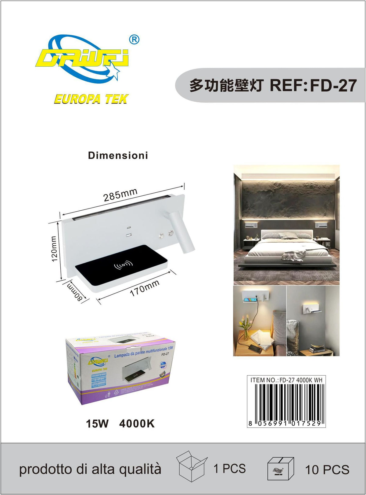 Lampada da lettura destra — 3 W, 6 W, 4000 K