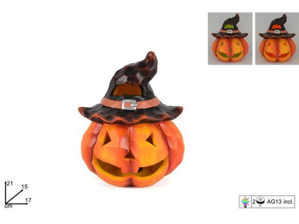 Zucca in ceramica con cappello e luce, 21 cm