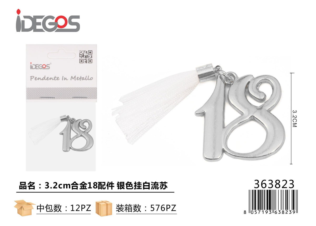 Ciondolo decorativo con numero e nappina bianca, 3,2 cm