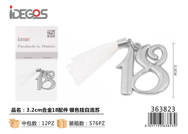 Ciondolo decorativo con numero e nappina bianca, 3,2 cm