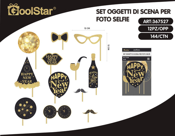 Accessori photo booth Happy New Year neri e dorati, 12 pezzi