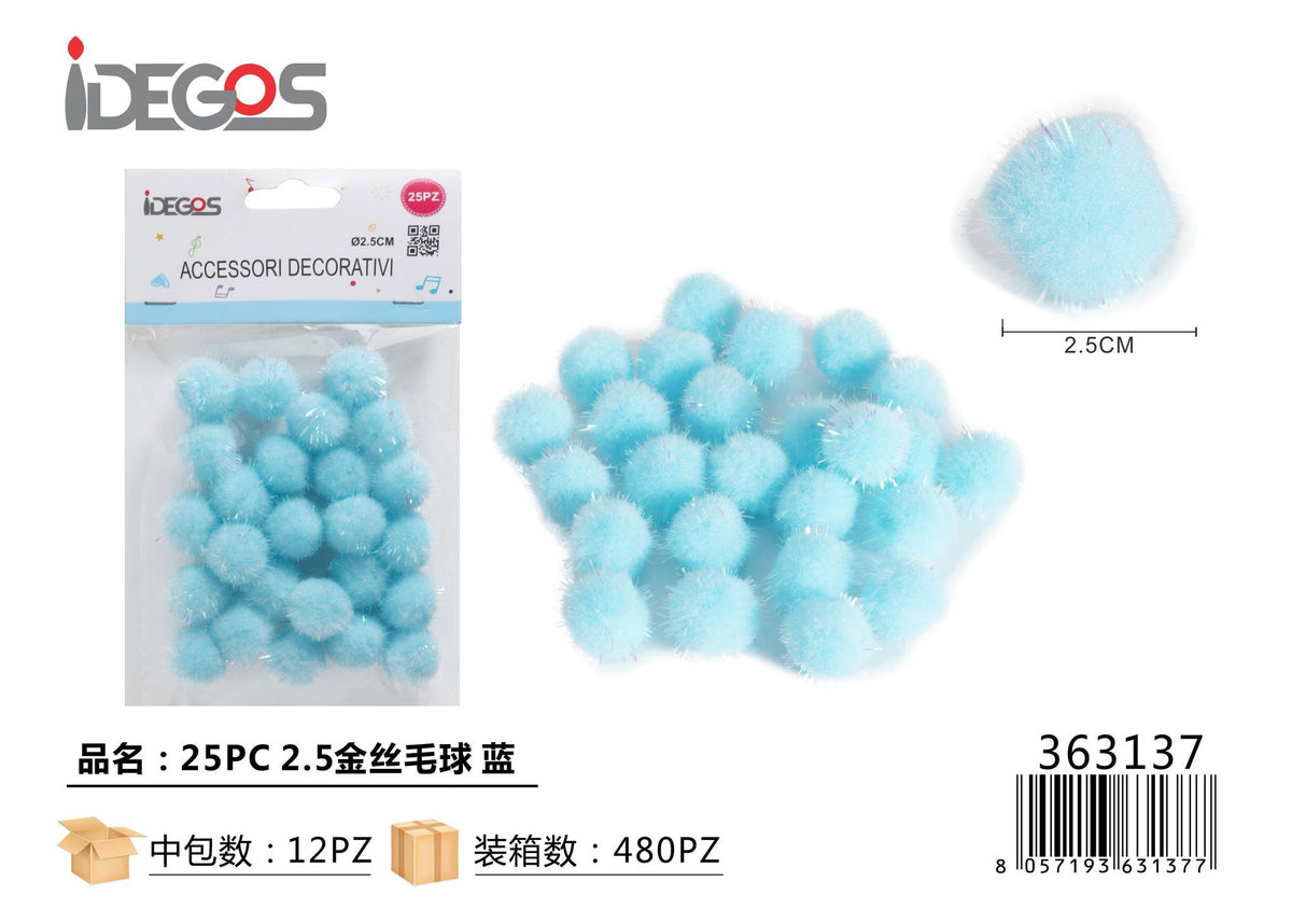 Set di 25 pompon blu con fili dorati, 2 cm