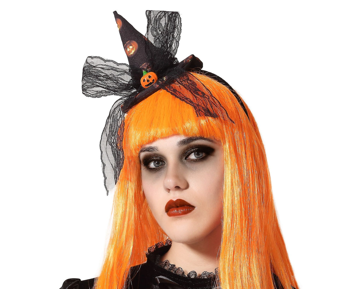 Cerchietto da strega con mini cappello e fiocco
