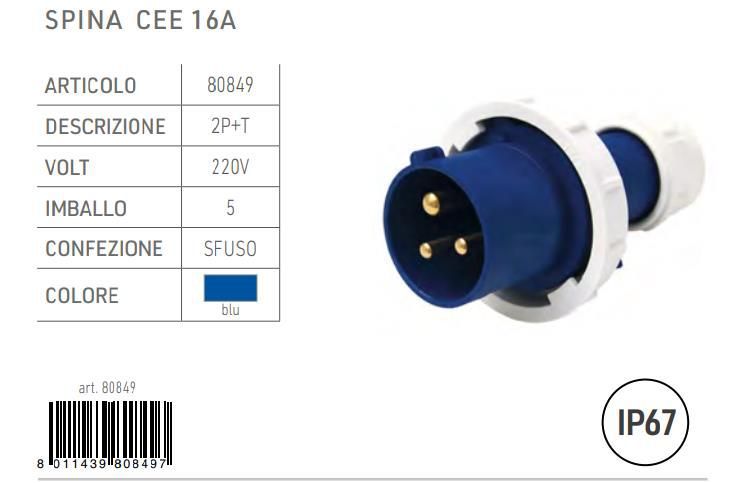 Spina iec 16a 2p+t 220v ip67